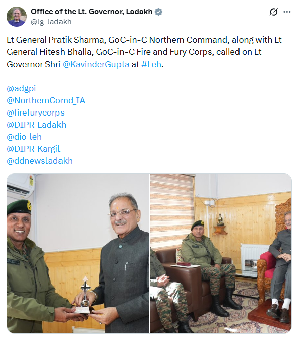 PTI_News's tweet image. Office of the Lt. Governor, Ladakh (@lg_ladakh) posts, "Lt General Pratik Sharma, GoC-in-C Northern Command, along with Lt General Hitesh Bhalla, GoC-in-C Fire and Fury Corps, called on Lt Governor Shri @KavinderGupta at #Leh."