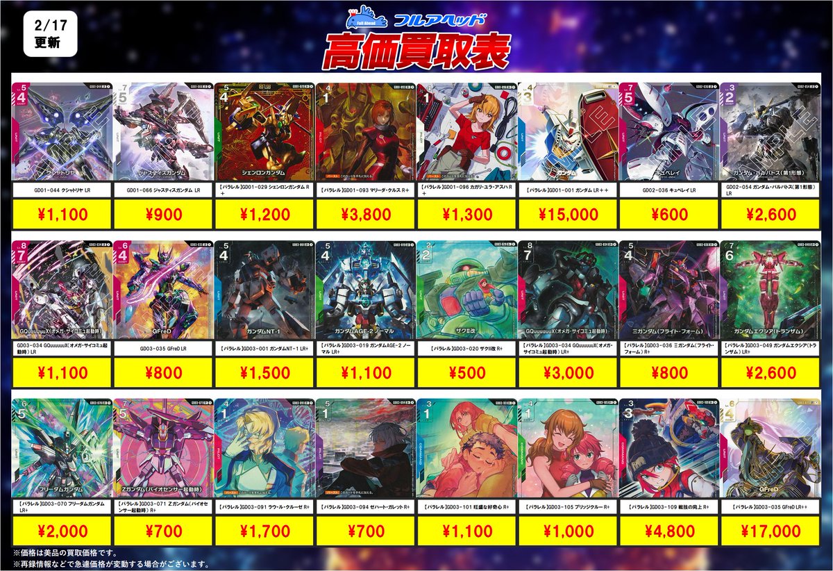 💥価格更新情報💥】 ガンダムカード買取表を更新いたしました！！ 今回