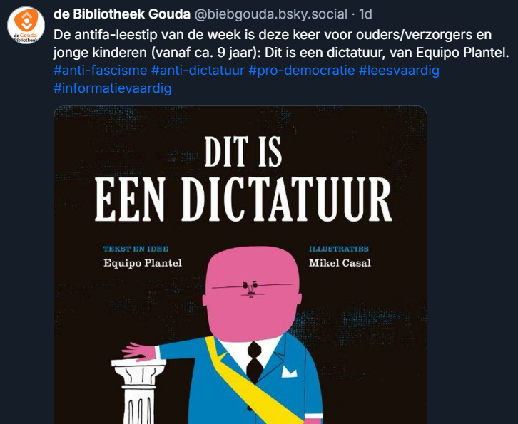 De bibliotheek in Gouda vindt het nodig kinderen het antifa-gedachtegoed bij te brengen. Het gedachtegoed dat het bijvoorbeeld gerechtvaardigd is politieke tegenstanders dood te schoppen, zoals de 23-jarige Quentin heeft ondervonden in Lyon. Indoctrinatie.