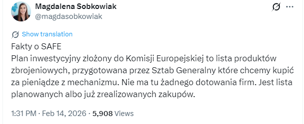 Tak to jest, jak dziennikarkę z German Marshall Fund która relacjonowała wizyty Komorowskiego i Tuska 15 lat temu, robi się "pełnomocniczką" do czegoś, co nie rozumie.

Gdy próbuje tłumaczyć SAFE, okazuje się że pożyczka jest też na "zrealizowane zakupy".

Szwindel niesamowity.