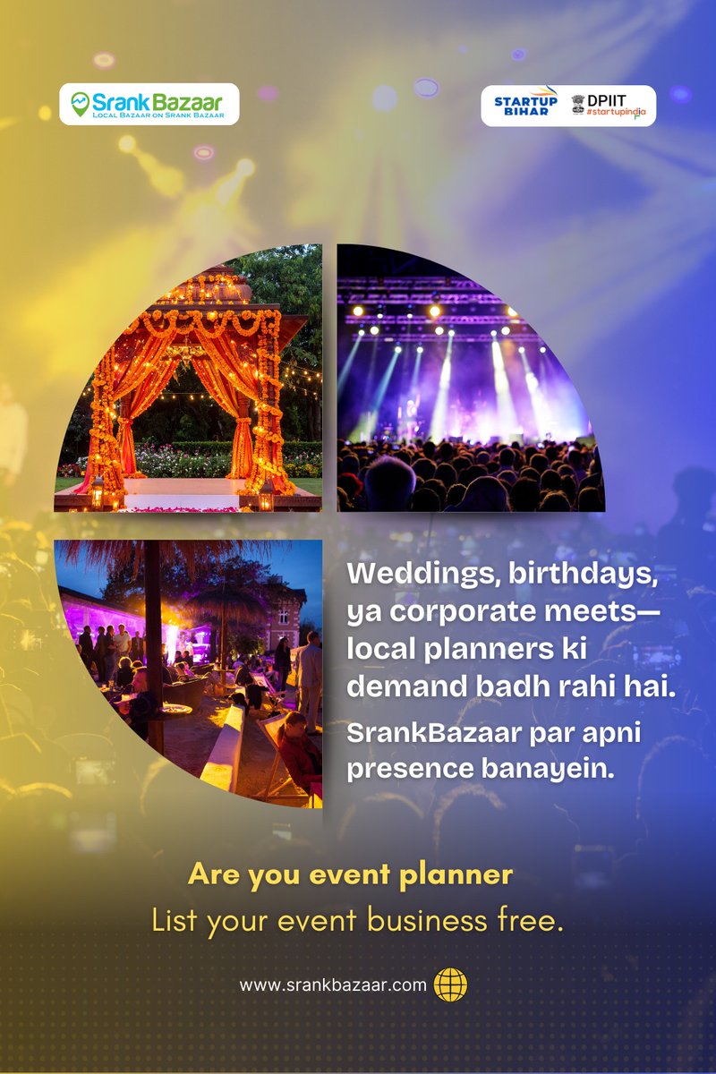 Srank_Bazaar's tweet photo. Event season full on! 

Wedding, birthday ya corporate events plan karte ho?
SrankBazaar par apna event business FREE list karein aur local clients tak direct pahunchein. 

Register now: https://t.co/4kysMmQRWU

#eventplanner #localbusiness #startupindia #businessgrowth https://t.co/DopuihkcYK