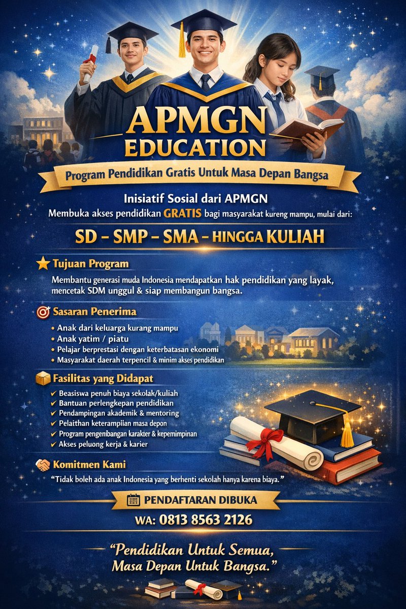 DPPAPMGN's tweet photo. Program kece buat bantu anak-anak kurang mampu sekolah GRATIS dari SD sampai Kuliah 🎓
Bukan cuma sekolah, tapi juga dapet: 
📚 perlengkapan belajar
🧠 mentoring + skill training
🚀 peluang karier masa depan
💬 Intinya: nggak boleh ada yang putus sekolah cuma gara-gara biaya. https://t.co/8opxHKmQwr