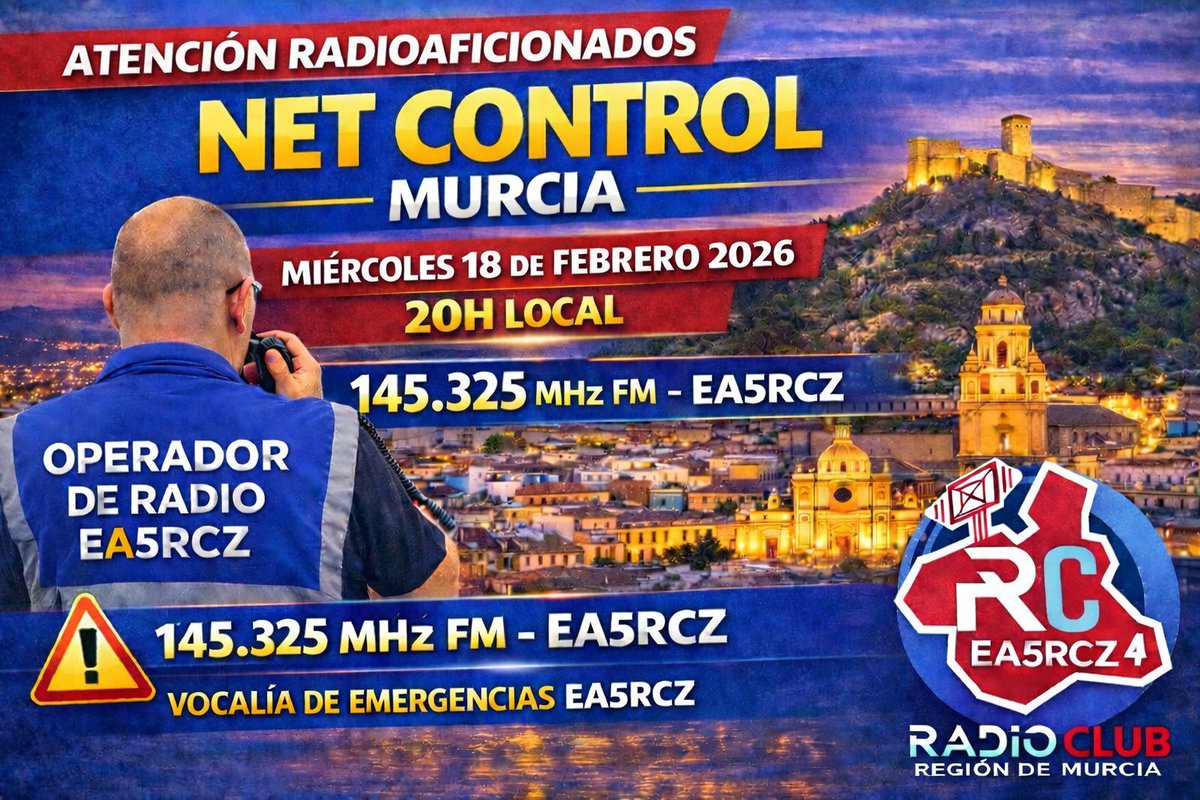 📢 AVISO – NET CONTROL EA5RCZ 
La Vocalía de Emergencias de EA5RCZ realizará mañana miércoles 18 un NET Control desde El Palmar (Murcia).

📡 Frecuencia: 145.325 FM
🕚 Hora de inicio: a partir de las 20:00 h local. ¡Contamos contigo!

ea5rcz.es