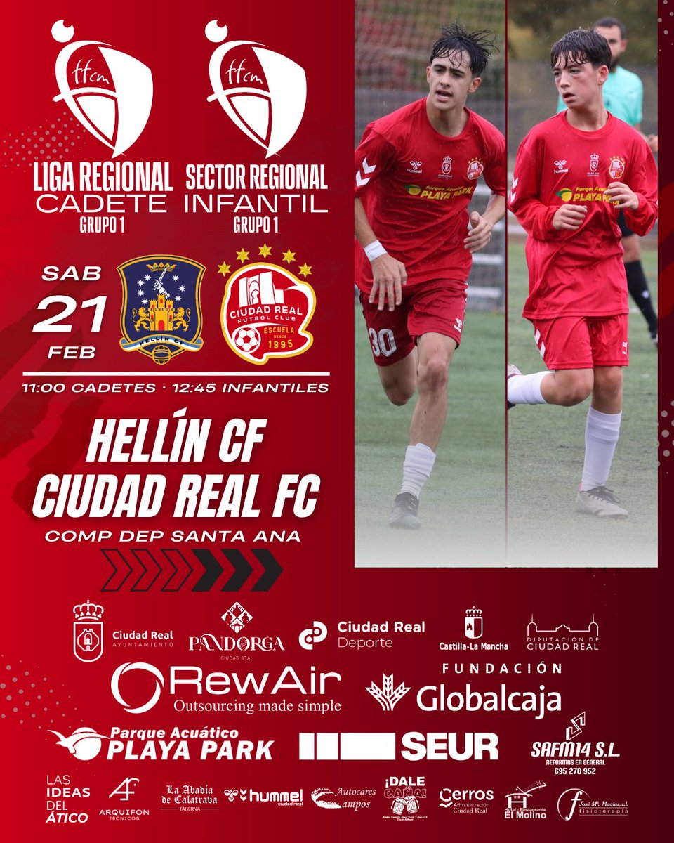 ⏲️ 𝗛𝗢𝗥𝗔𝗥𝗜𝗢 𝗖𝗢𝗡𝗙𝗜𝗥𝗠𝗔𝗗𝗢 | 

 🏆Liga Regional Cadete / Sector Infantil Regional
🆚 Hellín CF
📅 SAB 21FEB
🕐 Cadete: 11:00 / Infantil: 12:45
🏟 Compl. Dep. Santa Ana

#TodoAlRojo🔴 #ConstruyendoCantera🏗 #ADNEscuela