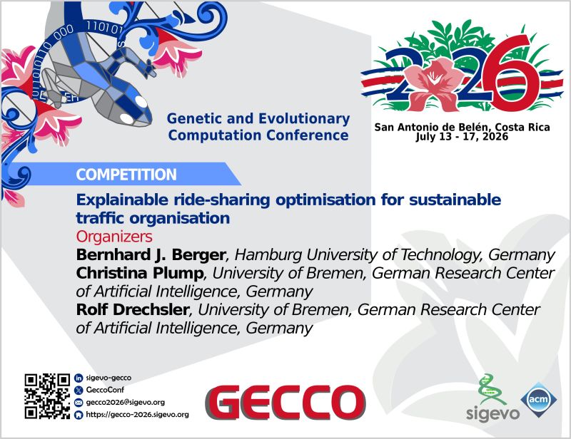 Rolf_Drechsler's tweet image. #GECCO2026 - contribute to the competition on "Explainable ride-sharing optimisation for sustainable traffic organisation" gecco-2026.sigevo.org/Competition?it… #CAUSE @agra_uni_bremen @GeccoConf