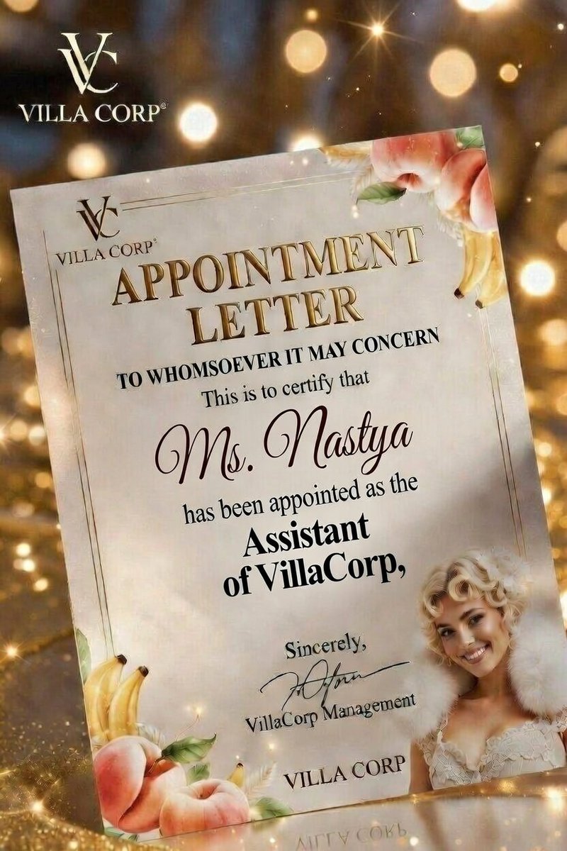 This is to certify that Miss Nastya also known as <a href="/nastyaa0707/">Nastya🦋</a> has been officially appointed as Assistant of VillaCorp®, with full authority and responsibilities effective immediately. #VillaCorpHR