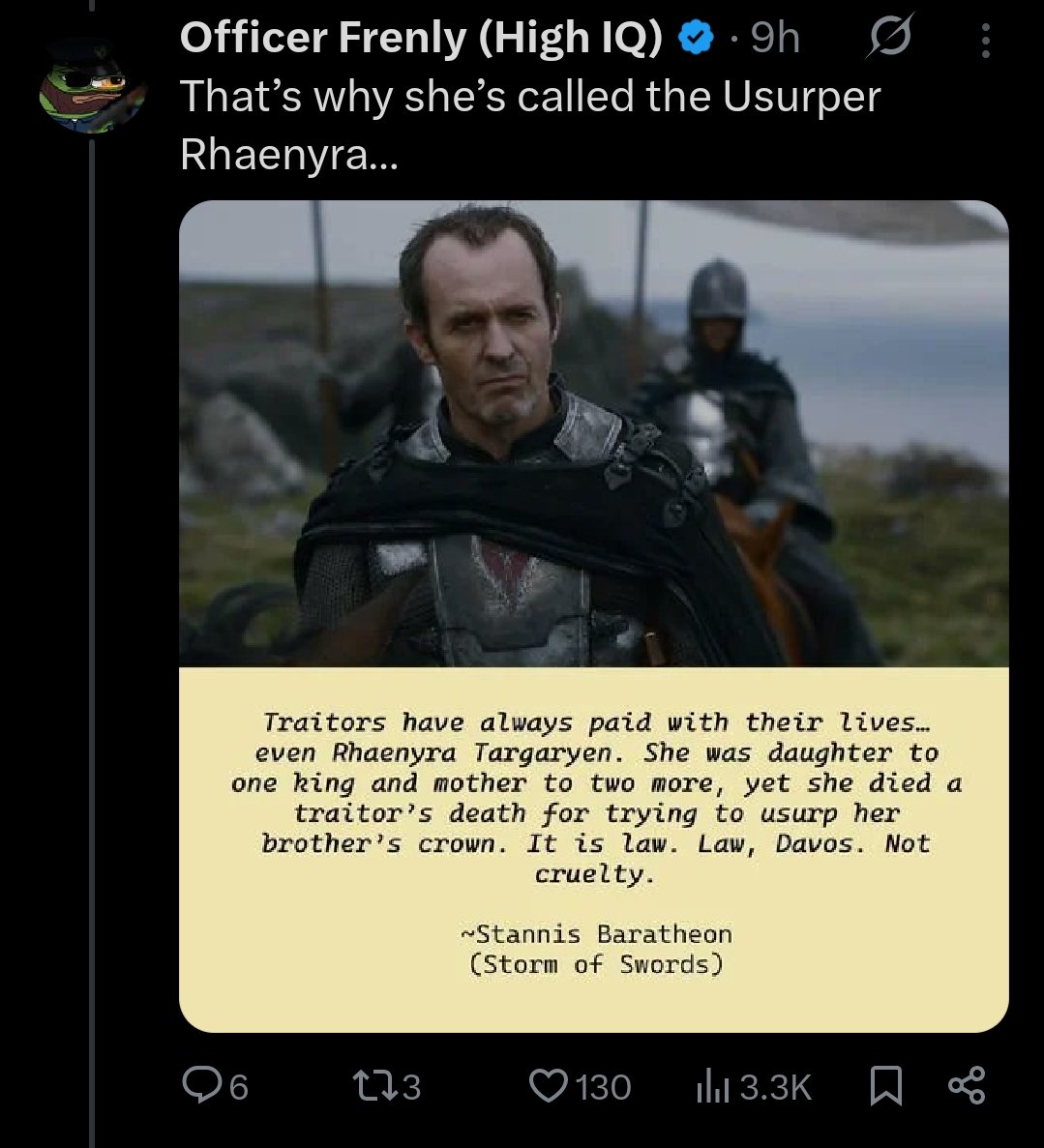 Imagine taking stanis as your source......