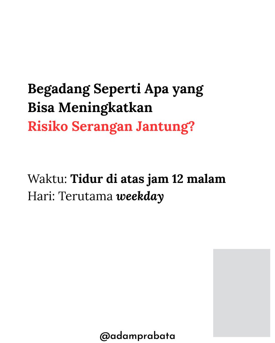 AdamPrabata's tweet photo. Kebiasaan begadang adalah risiko kardiovaskular yang terakumulasi.

Data terbaru dari studi terhadap 4.576 orang dewasa mengungkapkan asosiasi yang mengkhawatirkan antara jam tidur dan kesehatan jantung. Penelitian ini menunjukkan bahwa individu yang rutin begadang memiliki risiko 81% lebih tinggi terkena Myocardial Infarction atau serangan jantung dibandingkan mereka yang tidur lebih awal.

Definisi begadang di sini adalah tidur di atas jam 12 malam. Risiko didapatkan bila begadang dilakukan saat weekday.

Secara patofisiologi, kebiasaan begadang (sering dikaitkan dengan kondisi insomnia) memicu berbagai mekanisme yang merugikan tubuh, antara lain:
-Peningkatan Aktivitas Simpatik, sehingga memacu denyut nadi dan tekanan darah secara kronis
-Inflamasi Sistemik, yang memicu aterogenesis atau penumpukan plak pada dinding pembuluh darah.
-Disregulasi Aksis HPA yang berkontribusi pada peningkatan kadar lipid darah dan resistensi insulin.

Artinya begadang merupakan kondisi yang memaksa jantung bekerja jauh lebih keras dari kapasitas normalnya saat seharusnya beristirahat.