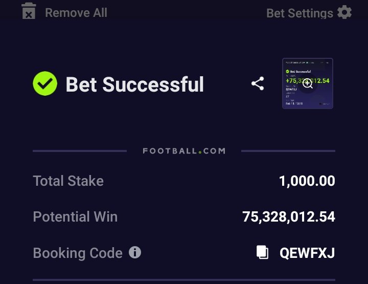 Running Ticket 🎟️ till Weekend 
30000 Odds 
27 Selections 
Evergreen ✅ Incoming 
Code works for both Sportybet and football-com