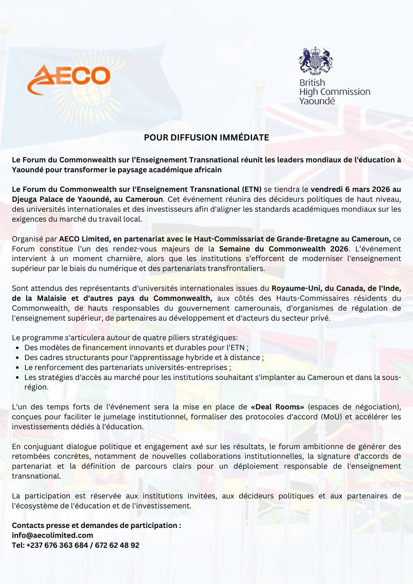 aeco_limited's tweet photo. AECO Limited, in partnership with the British High Commission, officially announces the Commonwealth Transnational Education (TNE) Forum 2026, scheduled for 6 March 2026.

Find full details in our official Press Release.
#TNE2026 #CommonwealthWeek #StrategicPartnerships https://t.co/MKAju6MzPt