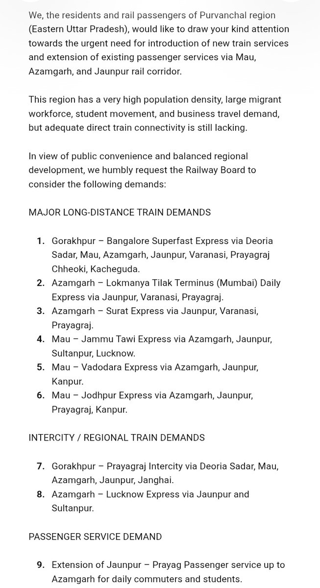 Mdfayzal_'s tweet photo. @RailMinIndia 🚆 पूर्वांचल की बड़ी रेल मांग
सबसे बड़े जिले जौनपुर आजमगढ़ के लिए नई ट्रेनों की जरूरत।
मांग:
गोरखपुर-बेंगलुरु, आजमगढ़-मुंबई, आजमगढ़-सूरत, मऊ-जम्मू, मऊ-वडोदरा/जोधपुर, गोरखपुर-प्रयाग इंटरसिटी, आजमगढ़-लखनऊ।
#Purvanchal #RailDemand #IndianRailways
@RajeevRai
@RailMinIndia https://t.co/nDOFqg7Un6