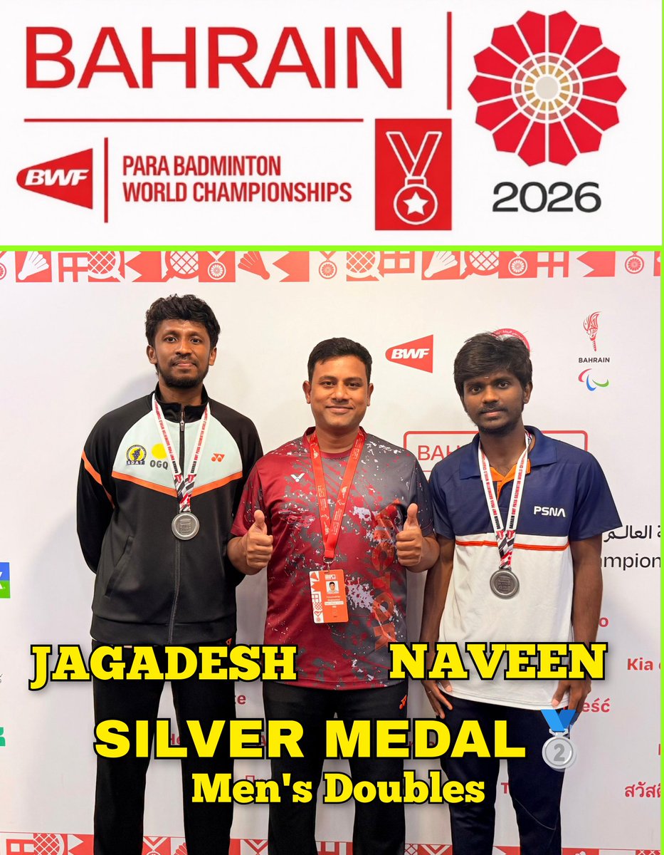 JAGADESH &amp; NAVEEN 
Silver Medal 🥈🇮🇳🏸
Men's Doubles 🎉
BWF World Championship 2026
Bahrain 🇧🇭 Para Badminton 🏸
#mindtraining #motivation #paracoach #tamilnaducoach #parabadmintoncoach