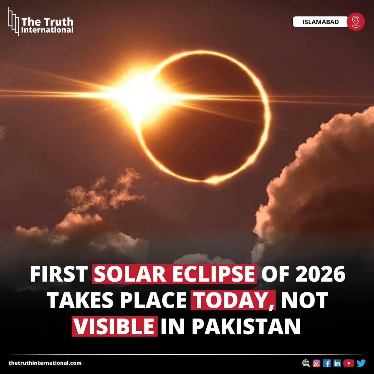 ttimagazine's tweet image. First Solar Eclipse of 2026 Takes Place Today, Not Visible in Pakistan

CLICK HERE: thetruthinternational.com/first-solar-ec…

#SolarEclipse2026 #Takes #Place #NotVisible #Pakistan #Islamabad #TTI