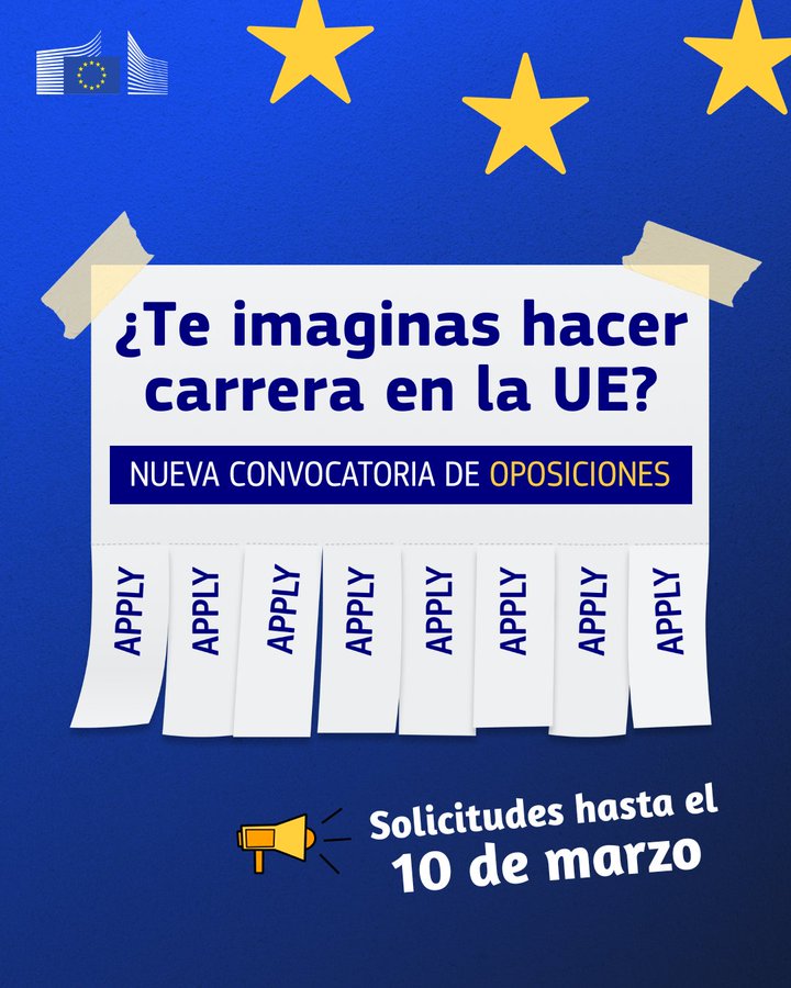 logronojoven's tweet photo. 📢¡La #UE busca graduados de todos los campos de estudio!
La principal #oposición de entrada (AD5) se abre de nuevo desde 2019
Solo necesitas un título universitario, fluidez en 2 idiomas oficiales de la Unión y ciudadanía de la UE🇪🇺
⏳Deadline 10 marzo
ℹ️https://t.co/6R3jBo01Nk https://t.co/wi9NqbhO6R