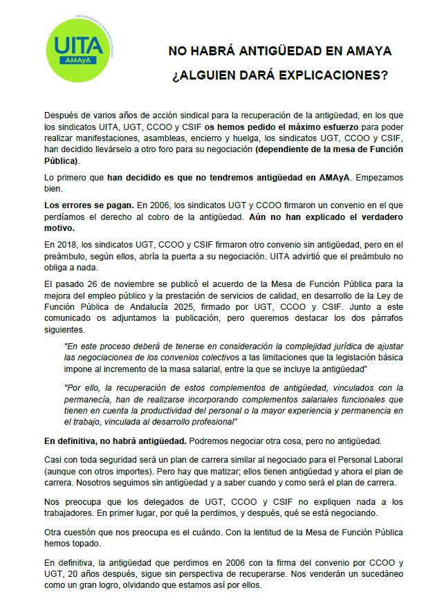 amaya_uita's tweet photo. Los trabajadores de @AndaluciaAMAyA no recuperarán la #AntiguedadAMAYA, gracias al acuerdo firmado por UGT, CCOO y Csif en la Mesa de la Función Pública https://t.co/cBMzEOH7Zn
