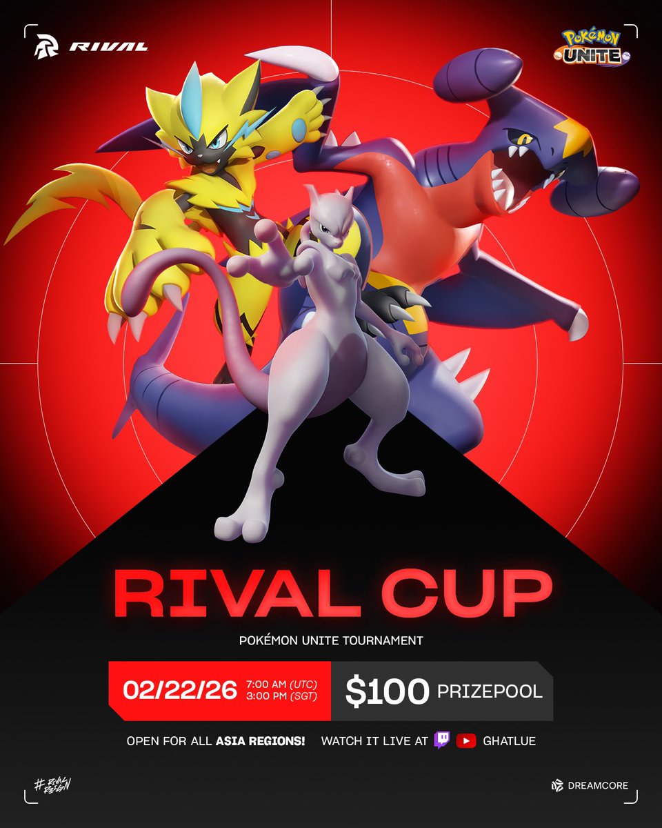 🚨 CALLING ALL POKÉMON UNITE PLAYERS! 🚨

The Rival Cup is BACK 🏆 — and this time we’re bringing the action to #PokémonUnite! 🔥

🌏 Region: Asia
💰 Prize Pool: $100
⏰ 22nd February, 3PM SGT
📺 twitch.tv/ghatlue

👉 Register now:
start.gg/tournament/100…

#PokémonUnite
