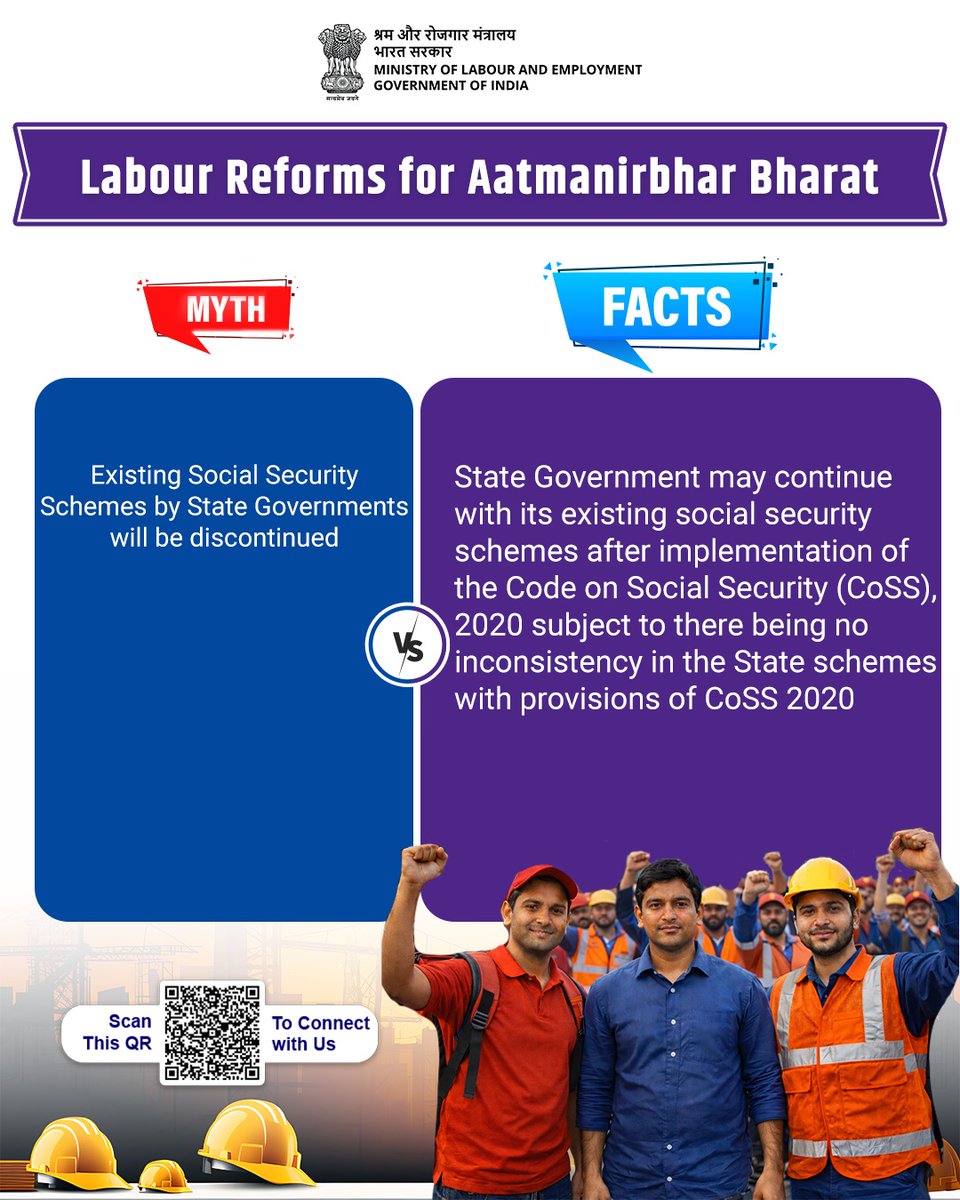 Labour Codes allow for the continuation of existing Social Security Schemes run by State Governments even after the implementation of the Code on Social Security, 2020, provided there is no inconsistency with the Code's provisions.

#LabourReforms4NewIndia
