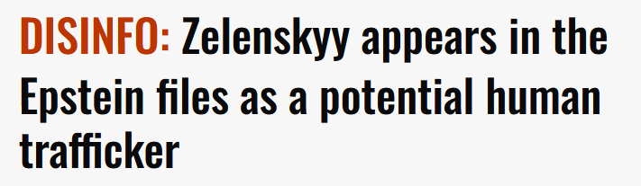 As expected, the Kremlin and Sputnik Mundo are attempting to link President Zelenskyy to the Epstein files and human trafficking.

Unlike Putin, named in the files over 1,000 times, Zelenskyy appears only a few times, and none suggest any link to Epstein or human trafficking.