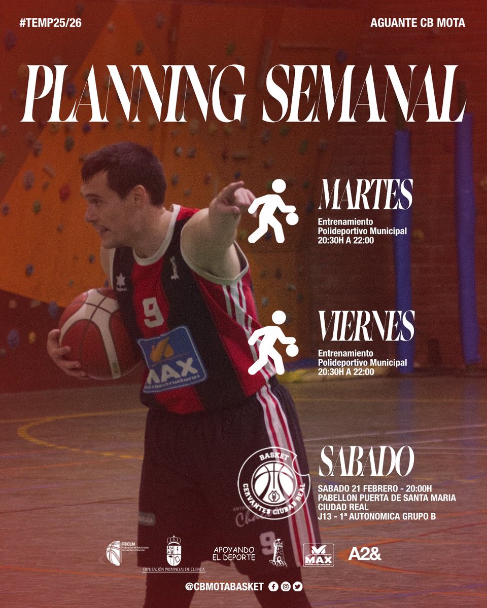 PLANNING SEMANAL DE ENTRENAMIENTOS

🏀 17 Febrero | 20:30H a 22:00H

🏀 20 Febrero | 20:30H a 22:00H

🏀 21 Febrero | 20:00H
🏆 J13 - 1ª AUTONOMICA GRUPO B
🆚 <a href="/BASKETCERVANTES/">BASKET CERVANTES CIUDAD REAL</a>  

#cbmota #baloncesto #fbclm

@fb_clm @dipucuenca @comunicacion_mota