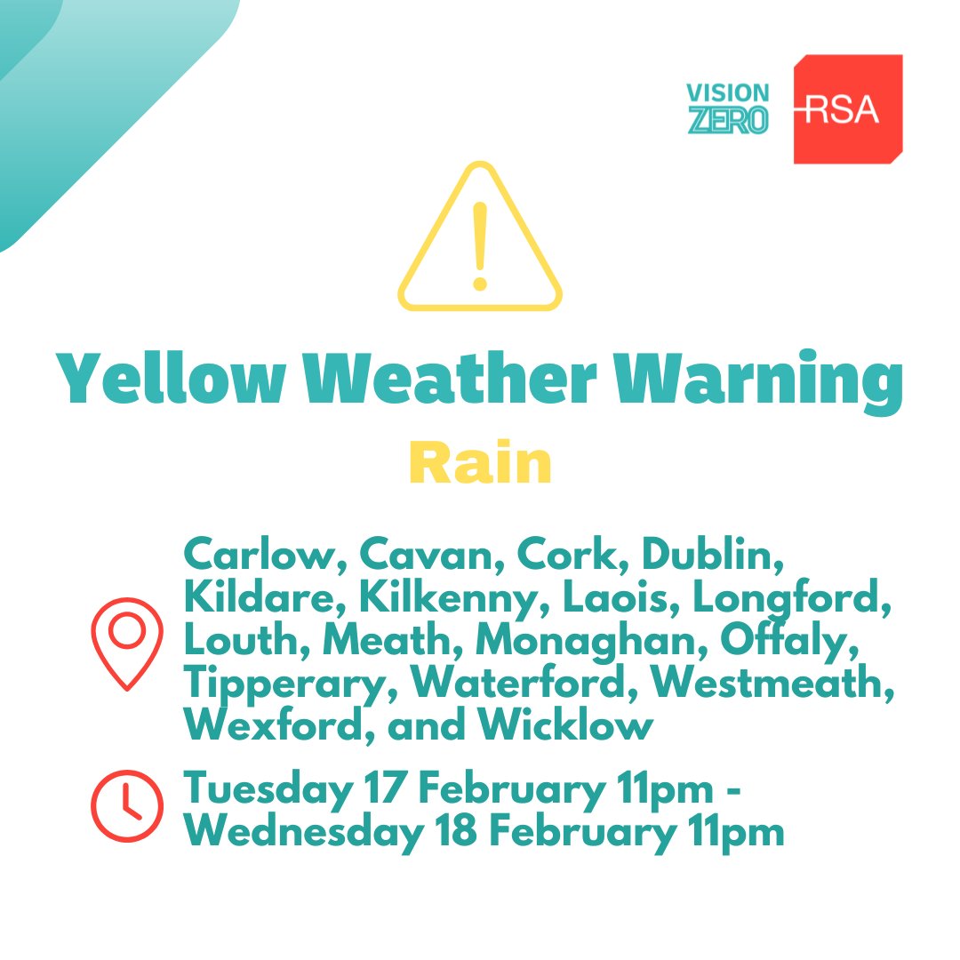 RSAIreland's tweet image. Met Éireann issued an update to the Yellow Rainfall warning, adding a number of additional counties from 11pm tonight until 11pm tomorrow.

Driveres are urged to take care. 

#VisionZero