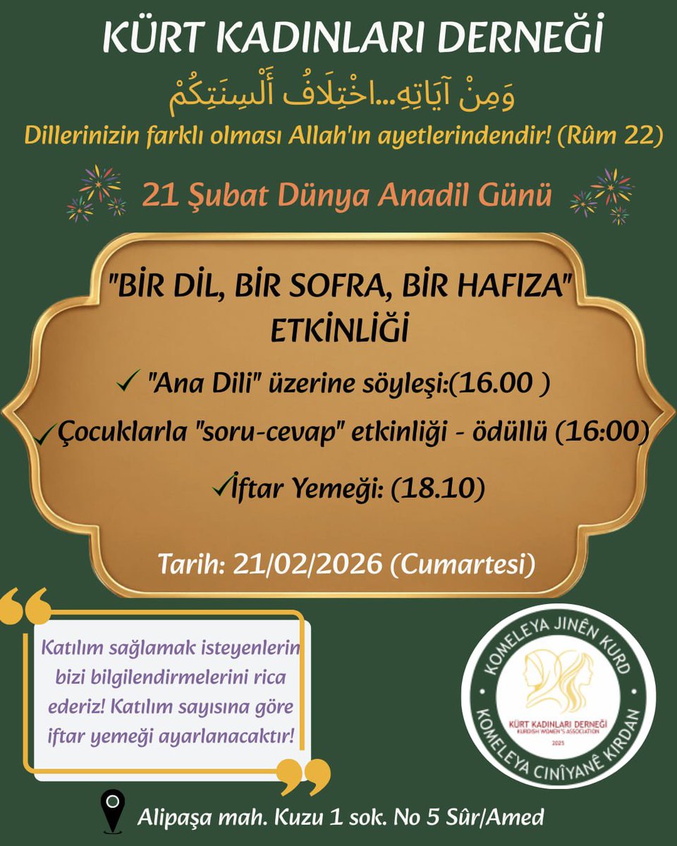 Hemû jinên Kurd vexwendîyê bernameya me ya "ZIMANEK Û SIFREYEK Û BÎREK"ê ne! 

Di 21ê Sibatê de Roja Zimanê Dayîkê li Komeleya Jinên Kurd em li benda we ne!