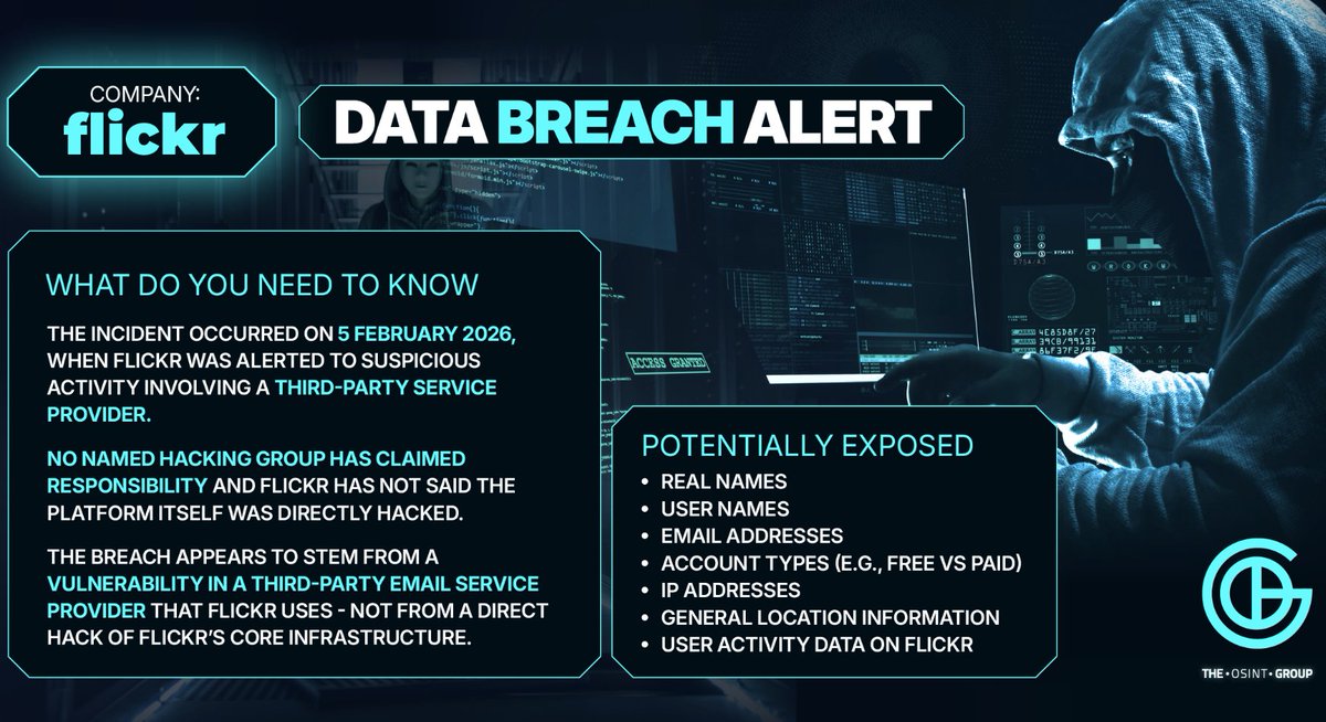 BenOwen42's tweet photo. Flickr confirms a data breach via a third-party provider.

Names, emails &amp; IP data exposed.
No passwords leaked, but phishing risk just increased.
Attackers don’t need everything. Just enough.

Change passwords. Enable 2FA. Stay alert.

#CyberSecurity #DataBreach #ThirdPartyRisk https://t.co/qjgcT7G9Bg