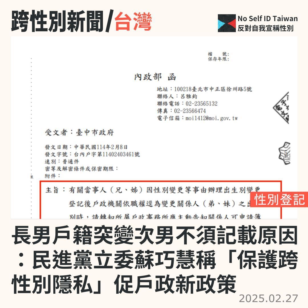 #跨性別 2025新聞／長男戶籍突變次男不須記載原因：民進黨立委蘇巧慧稱「保護跨性別隱私」促戶政新政策

這項要求是來自LGBTQ+組織「彩虹平權大平台」的陳情。

閱讀全文：
noselfidtw.cc/news/su-chiaoh…