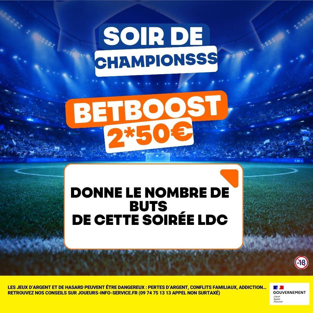 Jeu concours Spécial LDC 🔥

🎯 Le jeu :

⚽ Prédis le nombre total de buts sur les 4 matchs de ce soir⭐

🎁 2 x 50€ de BetBoost à gagner
🩷Like le post
⏳ 21h00
Allez, dis-nous ce que tu vois 👀

#goals