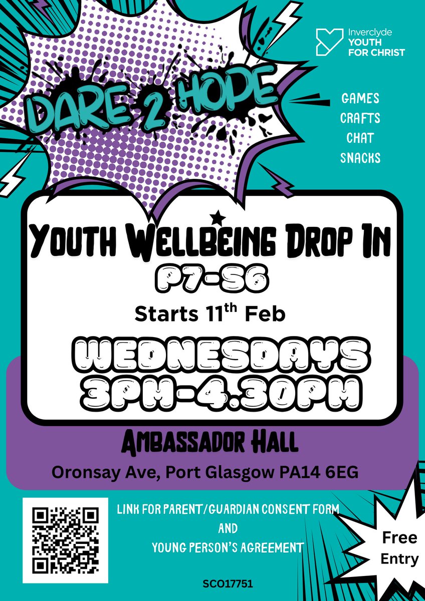 Know a young person who falls into the P7 to S6 age range who is looking for something to do during the school break? Dare 2 Hope will be on at Ambassador Hall Church, Oronsay Ave, Port Glasgow at 3pm-4.30pm tomorrow. There are games, crafts, music and snacks. And it's all free!