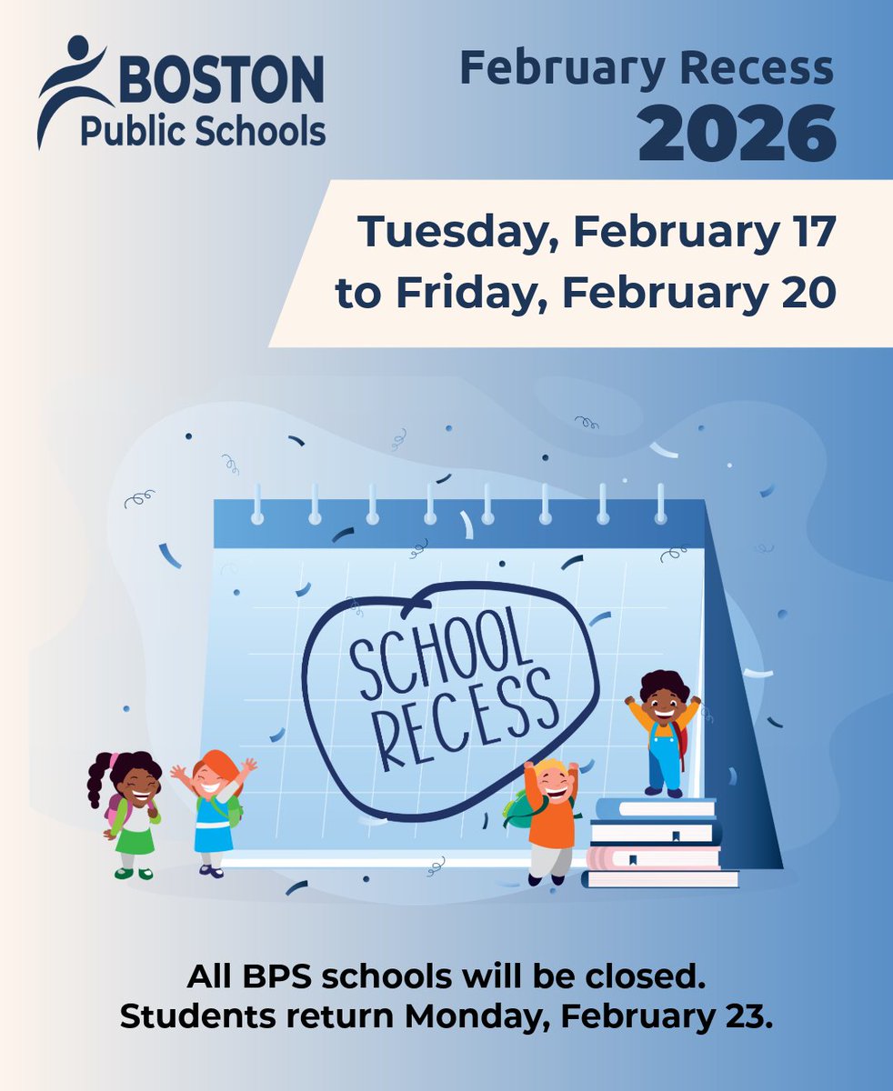 BostonSchools's tweet photo. February Recess is here! ❄️

We wish all @bostonschools students, families, and staff a safe, healthy, and restful February Recess. Enjoy the break, take time to recharge, and we look forward to welcoming everyone back next week! https://t.co/pw21Kdqseb