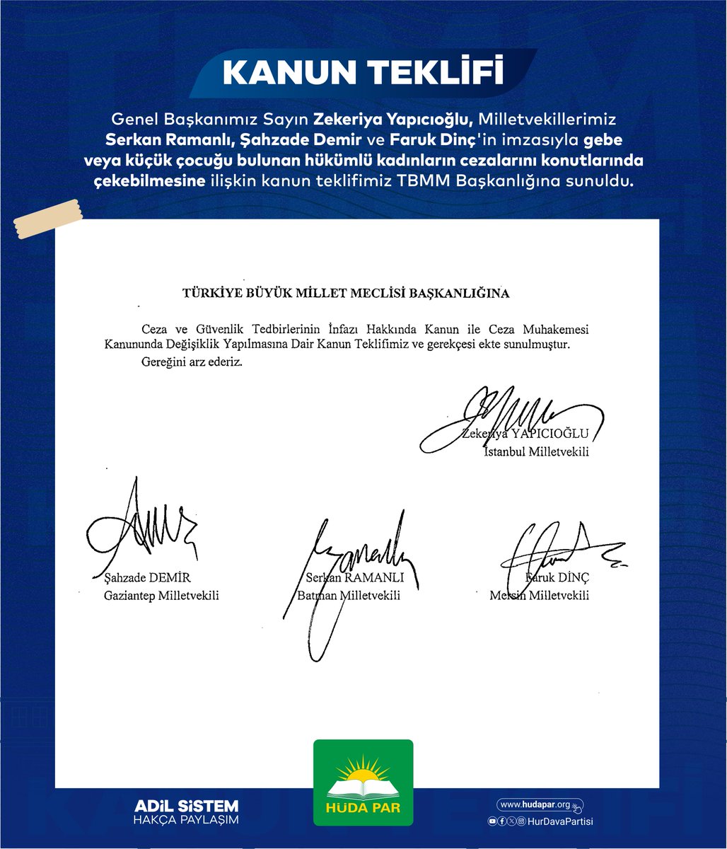 Genel Başkanımız Sayın Zekeriya Yapıcıoğlu, Milletvekillerimiz Serkan Ramanlı, Şahzade Demir ve Faruk Dinç'in imzasıyla gebe veya küçük çocuğu bulunan hükümlü kadınların cezalarını konutlarında çekebilmesine ilişkin kanun teklifimiz TBMM Başkanlığına sunuldu.