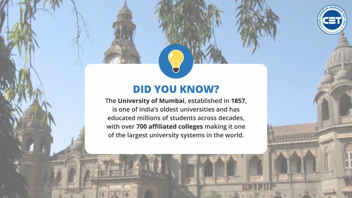 study_in_maha's tweet image. Did you know?

The University of Mumbai, Founded in 1857, is one of India’s oldest universities with 700+ affiliated colleges.

Explore study opportunities in Maharashtra:
fn.mahacet.org 

#StudyInMaharashtra #Mahacet #SingleWindow #DidYouKnow #StateCetCellMumbai #Mumbai