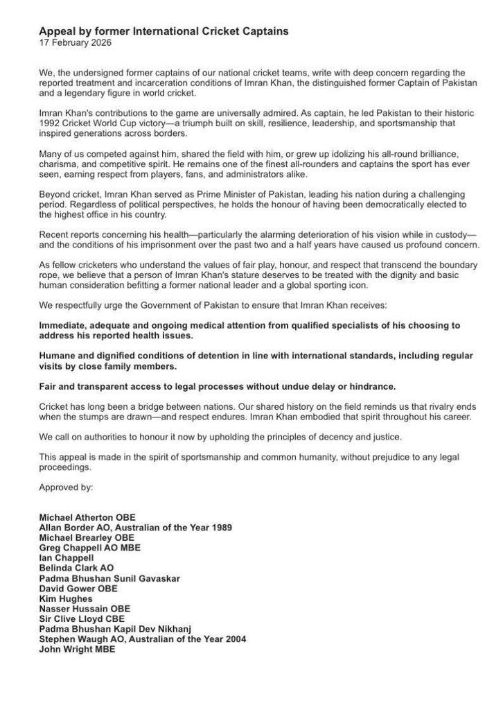 shehroz316's tweet photo. Former cricketing legend including #kapildev #allanborder wrote letter and appeal for @ImranKhanPTI following concerns about his medical health. 
#INDvsPAK #PTIOfficial https://t.co/QIpVFeMNUG