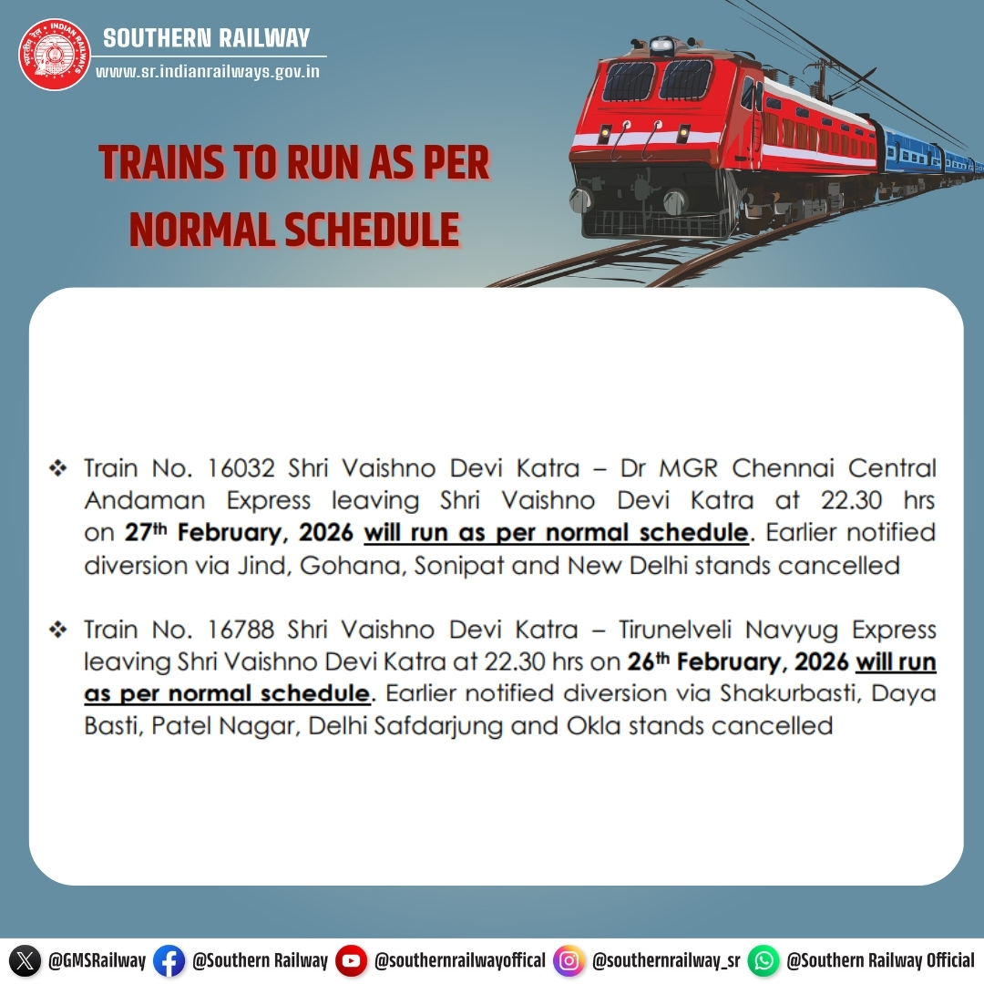 GMSRailway's tweet image. In view of the cancellation of Non-Interlocking/Interlocking work at Delhi Kishanganj, Northern Railway has notified the following trains to be operated as per their original schedule and without any diversion.

#SouthernRailway #NorthernRailway