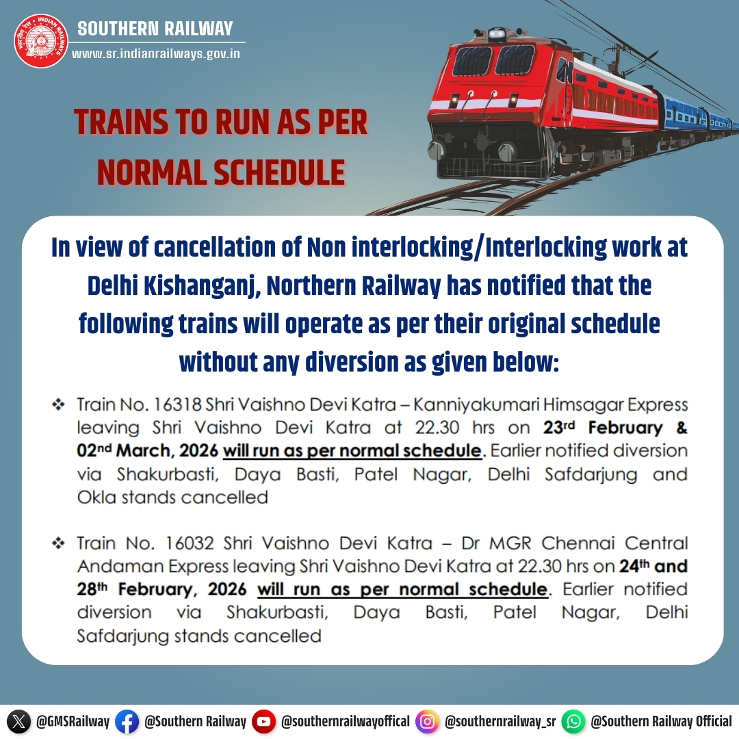 GMSRailway's tweet image. In view of the cancellation of Non-Interlocking/Interlocking work at Delhi Kishanganj, Northern Railway has notified the following trains to be operated as per their original schedule and without any diversion.

#SouthernRailway #NorthernRailway