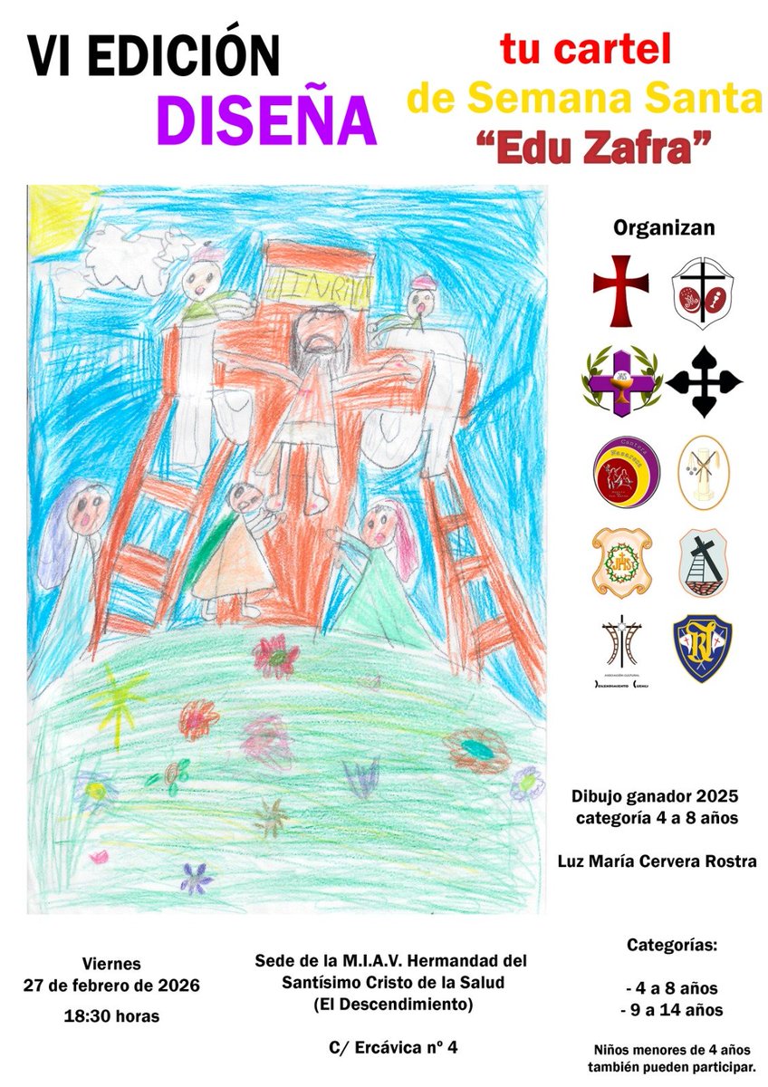 SPESNOSTRA1's tweet photo. 📢 VI Concurso de Pintura Rápida Diseña tu cartel de Semana Santa "Edu Zafra" 📢

👧🏽👦🏼 Niños hasta 14 años
📅 Viernes, 27 de febrero
🕐 18:30
📍 Sede de la hermandad del Descendimiento 
📝 Inscripciones hasta el lunes 23 de febrero
 https://t.co/Up3gxnd8Fs https://t.co/ixOvzCDDMX