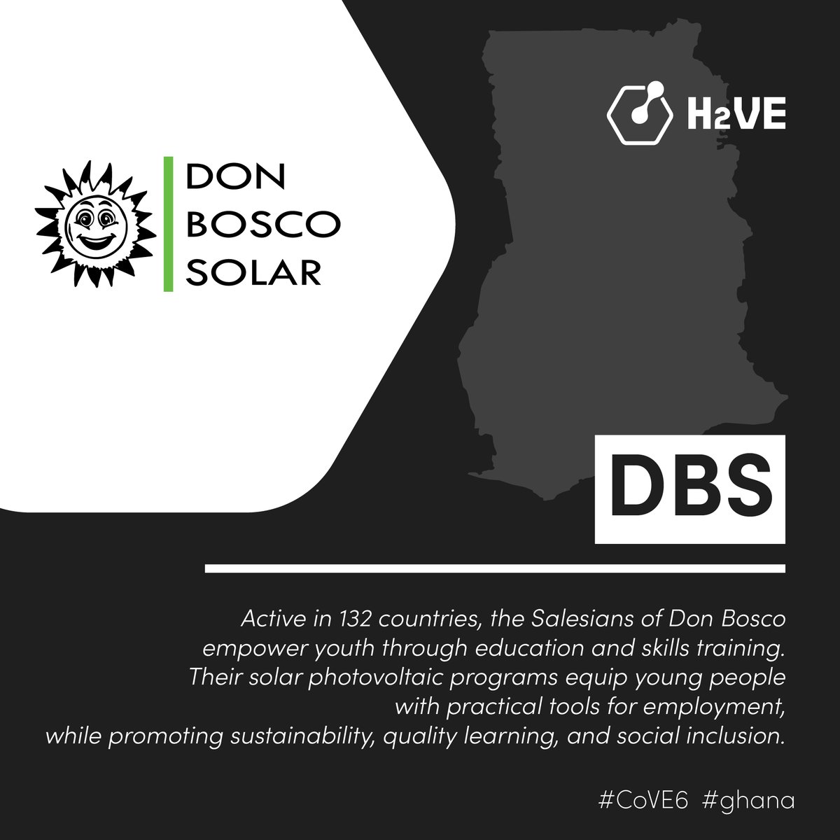 The Salesians of Don Bosco support H2VE by empowering youth through vocational training and solar PV programmes. 
As regional CoVE coordinator in Ghana, DBS promotes inclusive skills development aligned with local needs and global energy goals.

#H2VE #Ghana #CoVE #HydrogenSkills