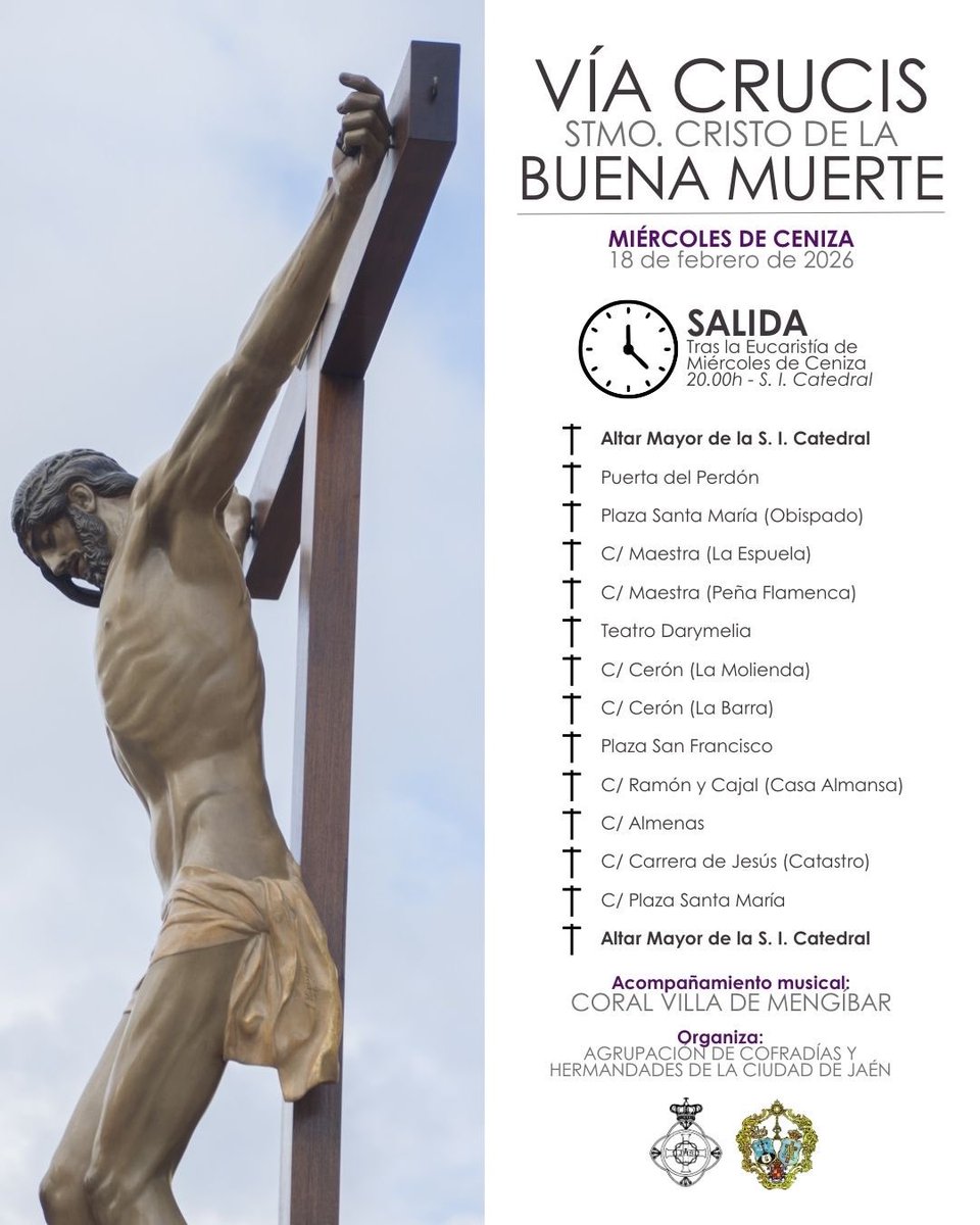 MIÉRCOLES DE CENIZA | Itinerario del Vía Crucis del Miércoles de Ceniza que presidirá el Stmo. Cristo de la Buena Muerte.

El cortejo iniciará su salida tras la Eucaristía de Miércoles de Ceniza, que dará comienzo a las 20:00h.