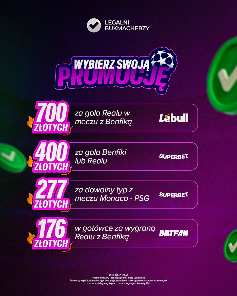 Wraca Liga Mistrzów. 🔥🔥

Dziś rozegrany zostanie m.in. mecz Benfica - Real Madryt. Za ten mecz możemy odebrać aż 700 PLN w Lebull. Wszystkie promocje, a także warunki znajdziecie w naszej zakładce! 👇
legalnibukmacherzy.pl/promocje-bukma…