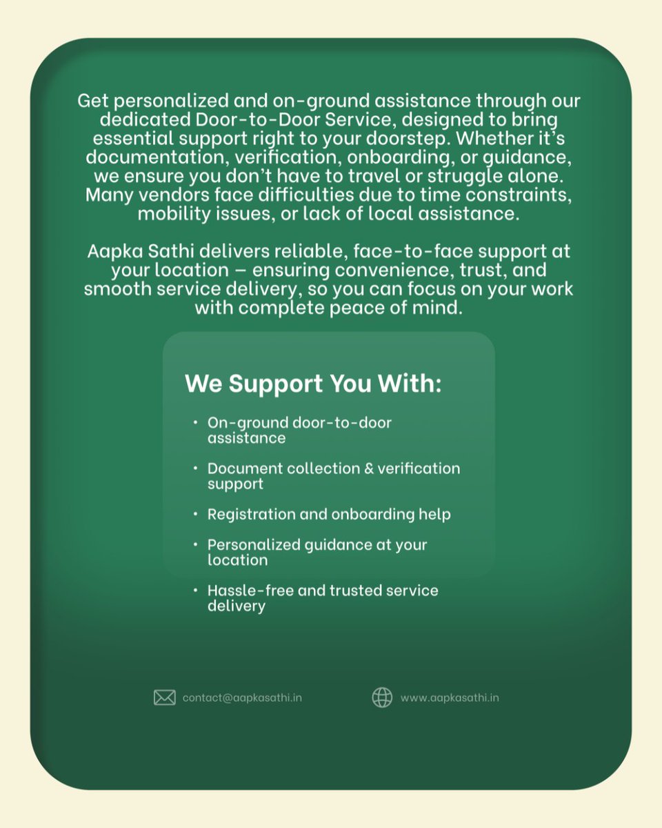 aapkasathi09's tweet photo. Support shouldn’t require long travel.
Aapka Sathi’s Door-to-Door Service brings assistance directly to street vendors.
👉 Learn more: https://t.co/kG0HlllJCL

#DoorToDoorService #AapkaSathi #VendorSupport https://t.co/TMdZNCaae8