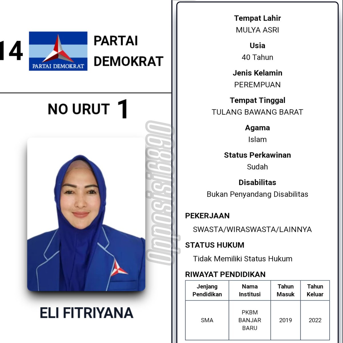 Opposisi6890's tweet image. Profil Anggota DPRD Tubaba,
 Eli Fitriayana (ET),

resmi ditetapkan sebagai tersangka dugaan penggunaan ijazah palsu.

Cc @PDemokrat

:)