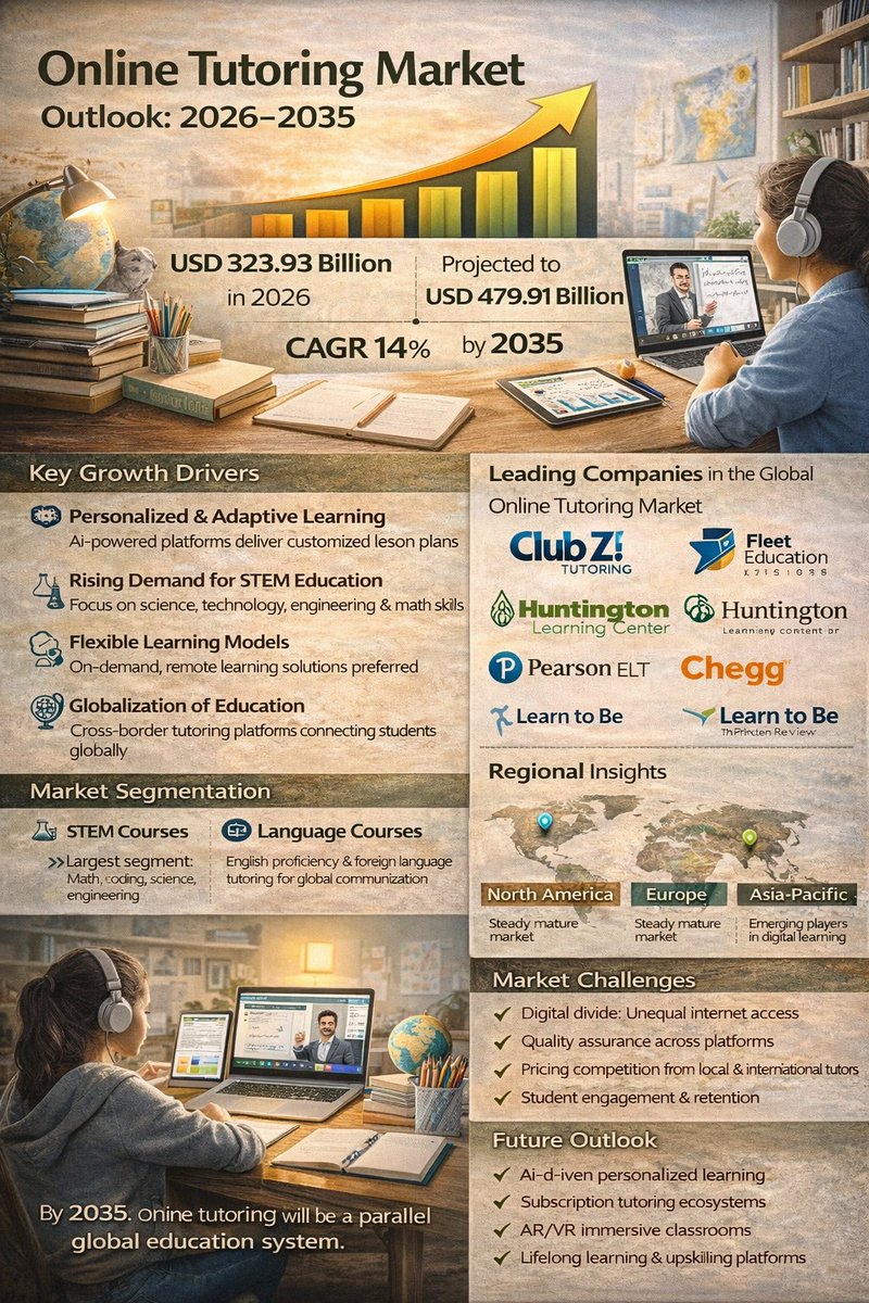 GMS_2024's tweet photo. Online Tutoring Market is scaling rapidly 📚💻

📊 $369.27B in 2026
🚀 $479.91B by 2035
📈 14% CAGR

Download   Free Sample @   https://t.co/7JO9IBTOhE

#OnlineTutoring #EdTech #DigitalLearning #STEM #EducationMarket #MarketResearch https://t.co/xOr7plR5Ov