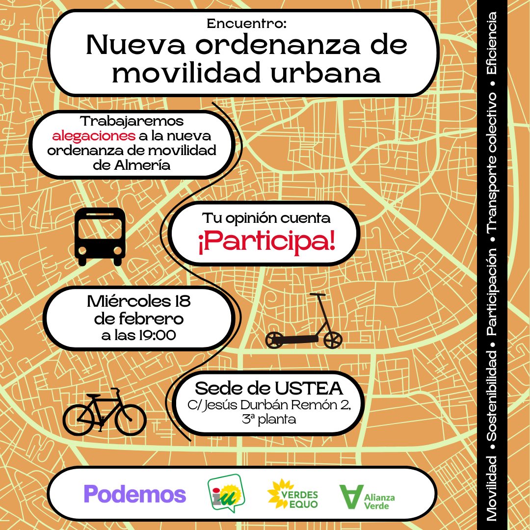 Participa: alegaciones ordenanza de movilidad. 
#Almería una ciudad + amable y resiliente al cambio climático con zonas peatonales, aire + limpio priorizando el transporte público y colectivo, y la regulación de modalidades que no queman combustible como el patinete eléctrico