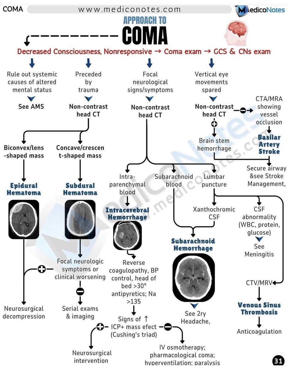 MedicoNotes's tweet photo. 🧠 Approach to Coma

A structured guide for evaluating a nonresponsive patient with decreased consciousness.

⸻

1️⃣ Rule Out Systemic Causes
Begin by excluding common metabolic, toxic, or infectious causes of altered mental status.
➡️ Refer to AMS (Altered Mental Status) protocol.

⸻

2️⃣ If Preceded by Trauma
➡️ Perform non-contrast head CT
• Epidural Hematoma – Biconvex/lens-shaped bleed
 → Requires neurosurgical decompression
• Subdural Hematoma – Concave/crescent-shaped bleed
 → Needs serial imaging and neurological exams

⸻

3️⃣ Focal Neurological Signs Present
➡️ Proceed with non-contrast head CT
• Intracerebral Hemorrhage – Intraparenchymal bleeding
 – Manage BP, reverse coagulopathy, elevate head >30°, correct sodium
 – Watch for ↑ ICP (Cushing’s Triad) → May require neurosurgical intervention

• Subarachnoid Hemorrhage – Blood in subarachnoid space
 – Treat with IV osmotherapies, hyperventilation, and sedation

⸻

4️⃣ Vertical Eye Movements Spared
➡️ Suspect Brainstem lesion
• Head CT may show brainstem hemorrhage
• CTA/MRA may confirm Basilar Artery Stroke
 → Requires urgent stroke management and airway protection

⸻

5️⃣ Consider Lumbar Puncture
• Xanthochromic CSF ➜ Suggests Subarachnoid Hemorrhage
• CSF abnormalities (WBC ↑, protein ↑, glucose ↓) ➜ Think Meningitis
• If venous thrombosis suspected → Perform CTV/MRV
 → May reveal Venous Sinus Thrombosis → Treat with anticoagulation

⸻

📌 Learn more high-yields neurology topics from our website:
🌐 https://t.co/2UQyCbb6in

⸻
 #MedicalEducation #USMLE #neurology #ClinicalMedicine #InternalMedicine
