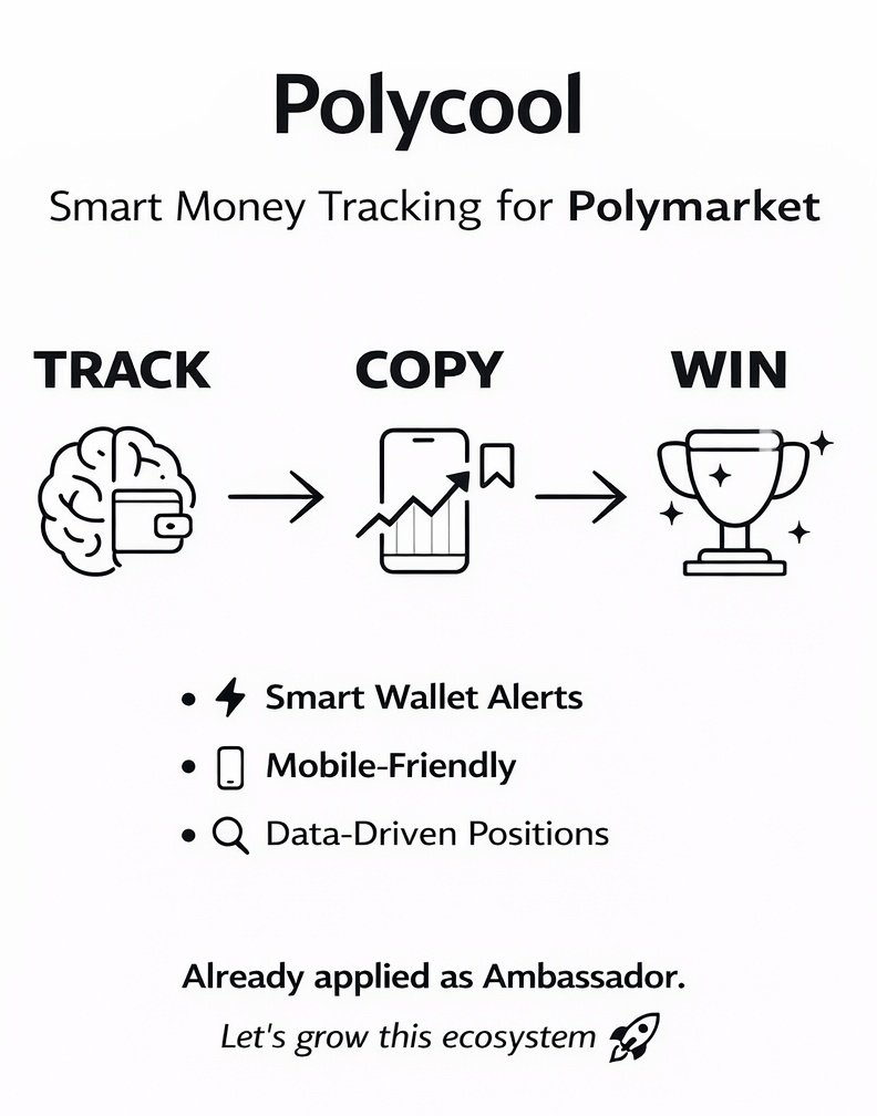 BenitaEjeh's tweet photo. I was doing my usual Web3 deep dive and stumbled on @PolycoolApp.
 At first, I thought maybe it’s just another prediction market tool I wanted to skip, but decided to check after all no harm in checking … 
Now Here’s why it caught my attention:
👉 You can track smart wallets and see what the pros are doing. No guessing. No random moves.
👉 Mobile-first, so you don’t need a PC to be part of big trades.
👉 Focused on real data and outcomes, not hype or meme pumps.

 this project is exactly the kind I want to support  💪

Now I want to hear from you 👀
Who here is deep into prediction markets?
Who would love to see smart money moves in real-time?
If you could follow a pro trader’s wallet, what would you do first?
This is the kind of project I love discovering: real utility + growth potential + community opportunities.