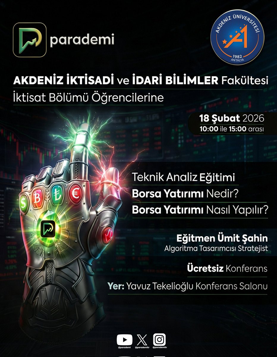 parademitr's tweet photo. 📊 Teknik Analiz Eğitimi | Borsa Yatırımı

Parademi olarak Akdeniz Üniversitesi İktisadi ve İdari Bilimler Fakültesi – İktisat Bölümü öğrencileriyle bir araya geliyoruz.

📈 Teknik Analiz Eğitimi kapsamında;
piyasa dinamikleri, grafik okuma ve yatırım süreçlerine dair temel yaklaşımlar ele alınacaktır.

🎓 Eğitmen: Ümit Şahin  - Algoritma Tasarımcısı & Stratejist (@hawkeyestrade)

🗓 18 Şubat 2026 (YARIN)
⏰ 10.00 – 15.00
📍 Yavuz Tekelioğlu Konferans Salonu
🎯 Ücretsiz Konferans

Finansal bilgi seviyeni güçlendirmek ve borsa dünyasına daha bilinçli adım atmak için seni bekliyoruz.

#Parademi
#TeknikAnaliz
#Borsa
#Yatırım