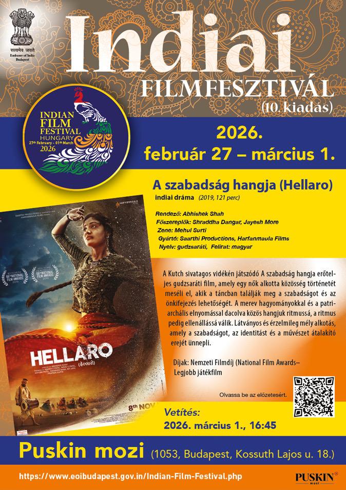IndiaInHungary's tweet photo. 👩🦰 Ünnepeljük együtt a nők erejét a Hellaro című filmmel. Egy nemzeti díjjal elismert film a tánc segítségével történő felszabadulásról. Március 1., 16:45. Ne hagyja ki! 💃
#WomenInCinema #Hellaro #indiancinema #IndianFilmFestivalBudapest #IFFBudapest2026 #IndiaInHungary #IndianCinema #BudapestEvents #AmritMahotsav
@MEAIndia
@nfdcindia
@MIB_India
@IFFIGoa
@IndianDiplomacy
@PIB_India
@iccr_hq
@iccr_budapest
@diaspora_india
@incredibleindia
@AmritMahotsav
@TheJayeshMore
