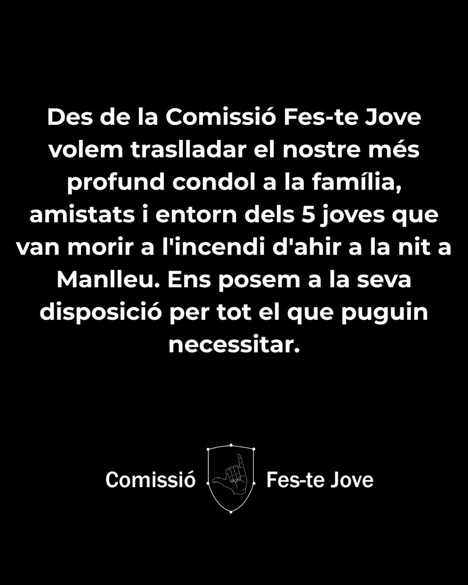 En aquests moments difícils enviem una abraçada a la família, amistats i entorn dels 5 joves.

Avui a les 19.00 ens sumem al minut de silenci que tindrà lloc davant de l’Ajuntament.