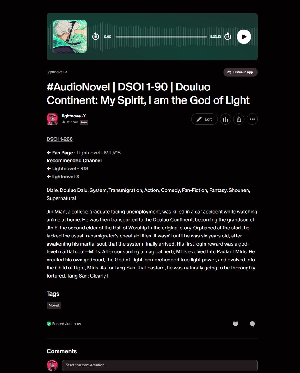 lightnovelmtl's tweet photo. #Novel #Audiobook #AdultNovel #TranslatedNovel #ReadNovel
📷 https://t.co/6YyXBemxLA
28 - DSOI 1-266 Douluo Continent: My Spirit, I am the God of Light
27 - OGGT 1-2230 I have super god-level talent
📷 https://t.co/MEnRz6Ulmr
36 - AFAK 1-317 END The Hypnosis App Was Fake https://t.co/P599pIWm6d
