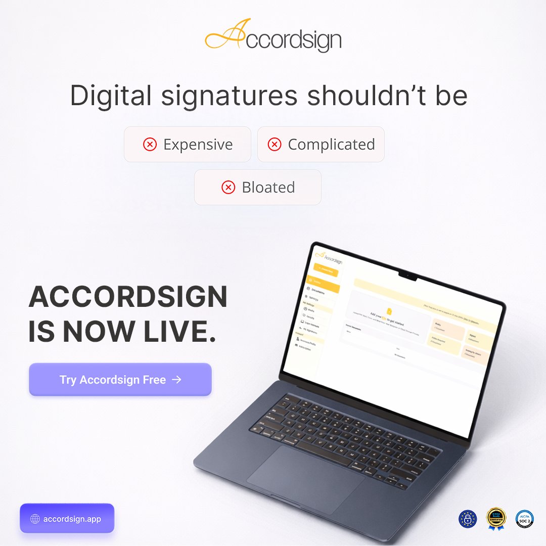 SeedDataSystems's tweet image. Digital signatures shouldn’t be expensive, complicated, or bloated.

Accordsign is now live.
Simple. Secure. Smart. 🚀

Try it free 👉 Accordsign.app

#Accordsign #eSignature #SaaS